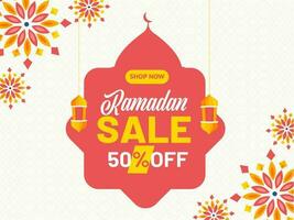 Ramadan Sale Poster Design With Discount Offer, Lanterns Hang On Red And White Background. vector