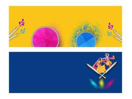 Lord Krishna And Radha Doing Dance With Water Guns, Powder Bowls On Background In Two Color Options. Header Or Banner Design. vector