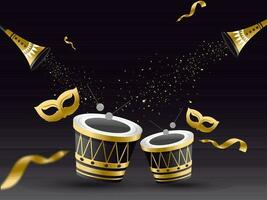 Illustration of drum with golden mask, trumpet and confetti decorated on black background. vector