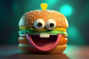 3d linda hamburguesa personaje. generar ai foto