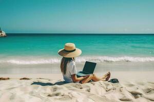Woman working beach laptop. Generate Ai photo