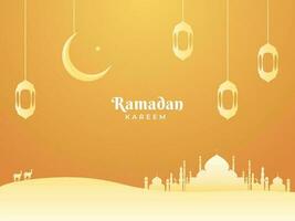 Ramadán kareem concepto con silueta mezquita, linternas y creciente Luna colgar en dorado antecedentes. vector