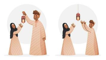 Muslim Young Boy And Girl Standing With Illuminated Lantern On White Background. vector