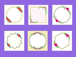 Different Types Of Empty Floral Frame On Purple Background. vector