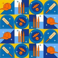 Cricket Equipments On Colorful Square Pattern Background. vector