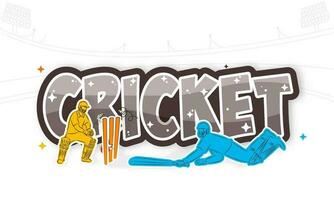 Sticker Style Cricket Text With Run Out Batsman And Wicket Keeper Player On White Background. vector