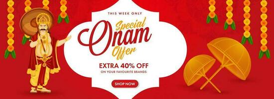 Onam Sale Banner Or Header Design With Discount Offer, King Mahabali Character On White And Red Background. vector