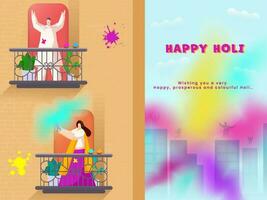 Happy Holi Celebration Background With Indian People Playing Colors On Their Balconies Or Roof. vector