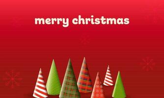 Merry Christmas Banner Design With 3D Xmas Tree In Different Pattern And Snowflakes On Red Background. vector