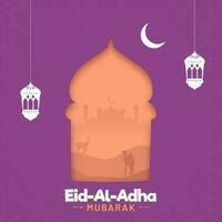 Eid al-Adha Mubarak saludo tarjeta con creciente luna, linternas colgar, silueta mezquita y Desierto ver en púrpura antecedentes. vector