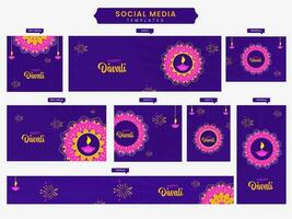 Diwali Festival Social Media Template And Header Set In Violet And Pink Color. vector