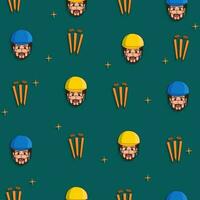 Cartoon Batsman Face With Wicket Stumps Pattern On Teal Green Background. vector