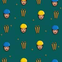 Cartoon Batsman Face With Wicket Stumps Pattern On Teal Green Background. vector