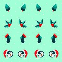 Green Polka Dots Pattern Background With Penguin Face, Santa Cloth, Holly Berries And Xmas Tree. vector