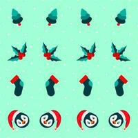 Green Polka Dots Pattern Background With Penguin Face, Santa Cloth, Holly Berries And Xmas Tree. vector