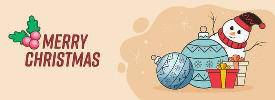 alegre Navidad bandera o encabezamiento diseño con muñeco de nieve, adornos y regalo cajas en melocotón antecedentes. vector