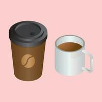 Coffee cups in 3d style on pink background. vector