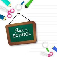 Chalkboard Of Back To School Message With Top View Of Paper Supplies Elements On White Stripe Background. vector