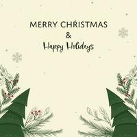 Merry Christmas And Happy Holidays Greeting Card With Xmas Trees, Fir Leaves And Berries On Beige Background. vector