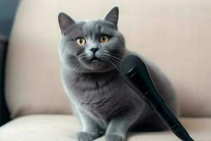 Cute smart cat near microphone record. Generate Ai photo