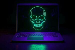 Neon laptop skull. Generate Ai photo