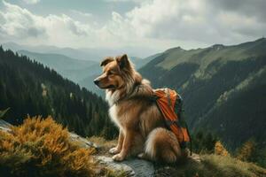 perro viajero con mochila. generar ai foto