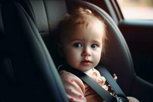 linda niña en la seguridad asiento auto. generar ai foto