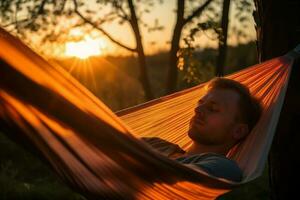 Man resting hammock outdoor. Generate Ai photo