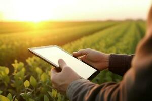 Using tablet at agriculture field farmer. Generate Ai photo