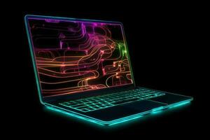 Laptop made of neon lights. Generate Ai photo