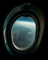 hermosa paisaje oval avión ventana. generar ai foto