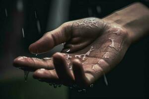 Closeup hand in rain splash. Generate Ai photo