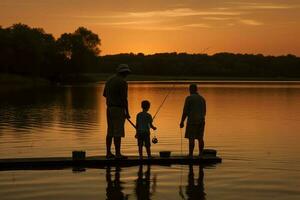 Grandfather grandson fishing sunset. Generate Ai photo
