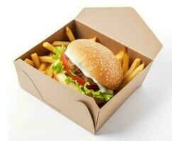 Tasty burger paper box with fries. Generate Ai photo