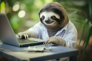 Sloth working laptop. Generate Ai photo