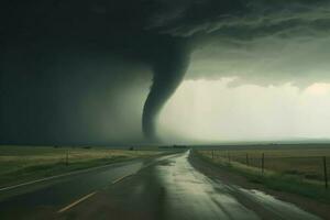 Tornado road storm landscape. Generate Ai photo