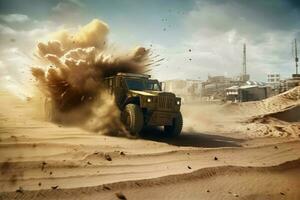 Sandstorm car desert. Generate Ai photo