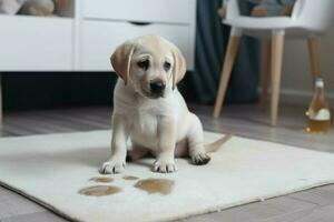 Cute puppy on dirty carpet. Generate AI photo