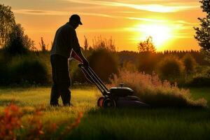 Gardener mowing grass. Generate Ai photo