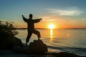 Tai chi sunset person. Generate Ai photo