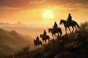 Cowboys horses sunset. Generate Ai photo