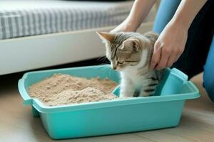 Woman cleaning cat tray. Generate Ai photo