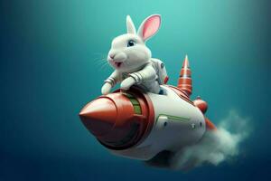 Rabbit riding on rocket. Generate Ai photo