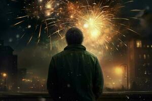 Man near night sky fireworks. Generate Ai photo