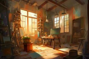 Artist workshop interior sunset. Generate Ai photo