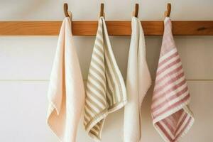 Kitchen striped towels haning on rack. Generate AI photo