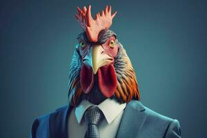 Anthropomorphic rooster in business suit. Generate Ai photo