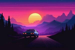 Retro landscape car pink. Generate AI photo