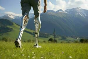 Person cyborg walking on grass. Generate AI photo