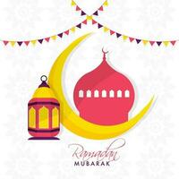 Ramadan Mubarak Concept With Crescent Moon, Mosque, Lantern And Bunting Flags On White Islamic Pattern Background. vector